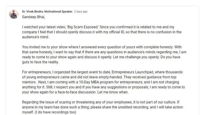 Vivek Bindra Reply Post